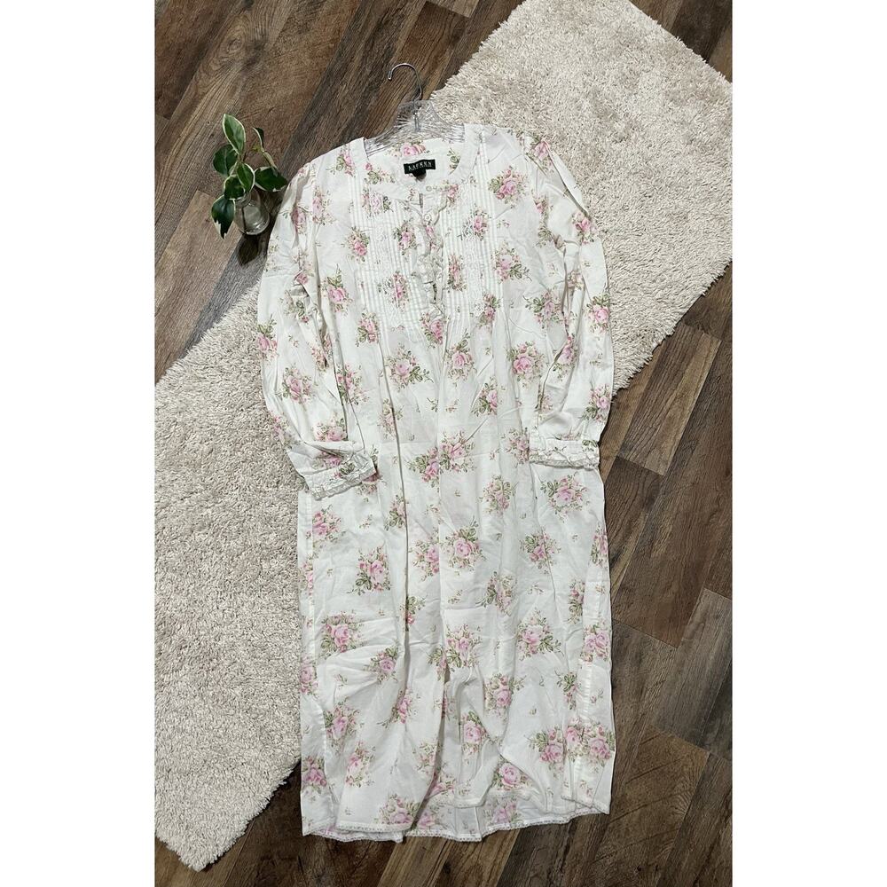 Lauren Ralph Lauren Medium White Pink Floral Pleated Lace Trim Henley Nightgown